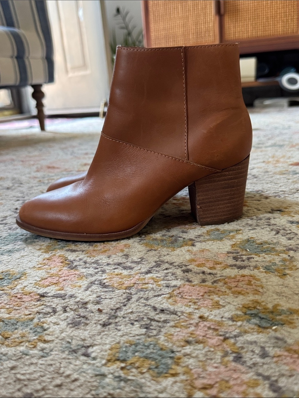 Women's Brown Leather Block Heel Ankle Boots